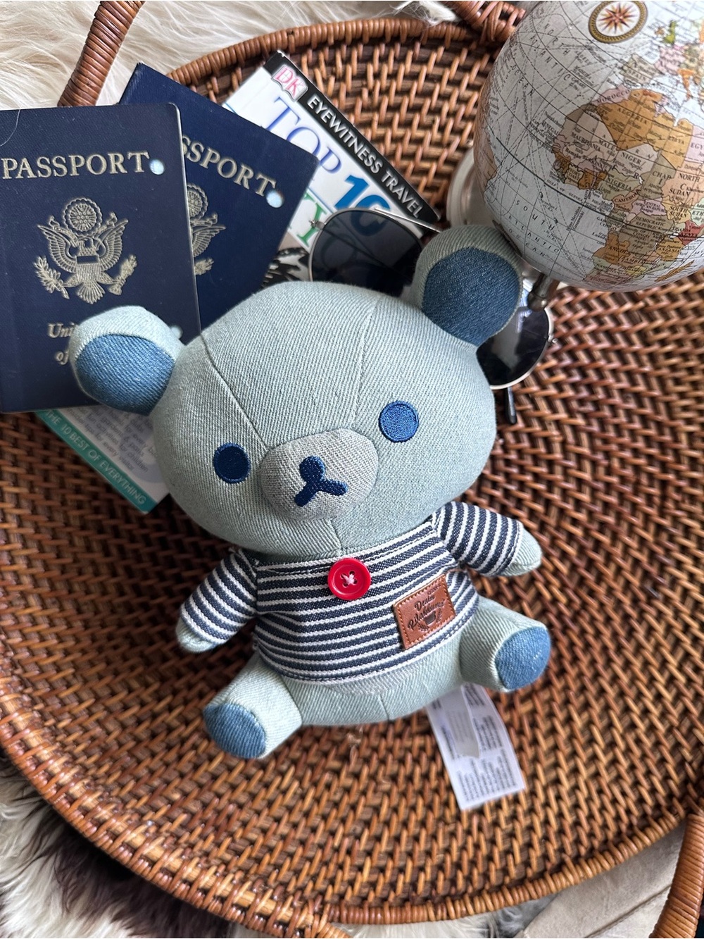 Rilakkuma Denim Blue Bear Plush with Red Button Accent 6”